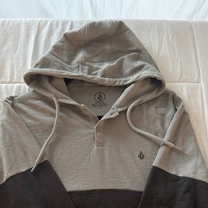 Volcom Two-Tone Hooded Henley Pullover in Taupe and Dark Brown